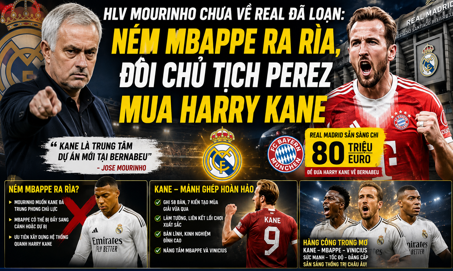 HLV Mourinho không tin tưởng Mbappe, đòi Real chi 80 triệu euro mua Harry Kane - 1