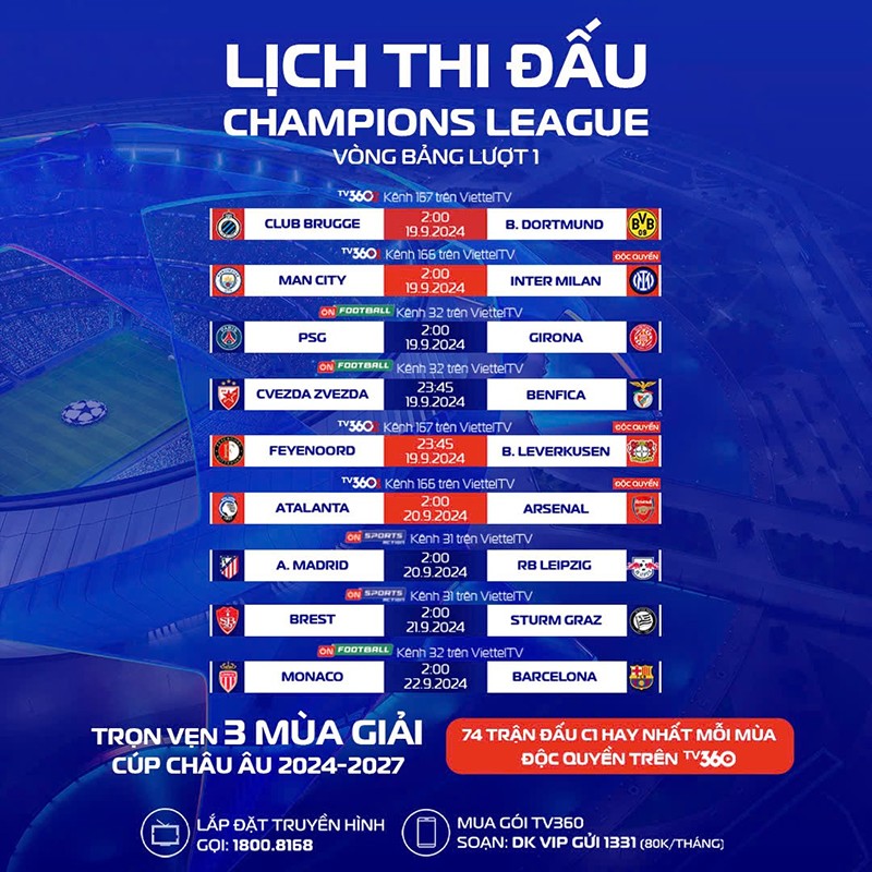 TV360 phát sóng trọn vẹn và độc quyền 6 trận hấp dẫn nhất Champion League tháng 9 - 7