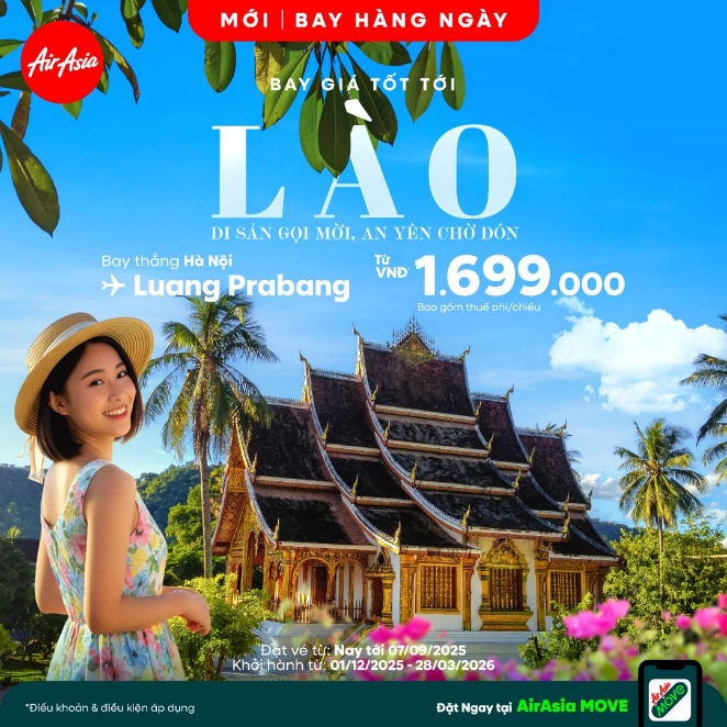 AirAsia khai thác đường bay thẳng “Hà Nội – Luang Prabang”, tần suất hằng ngày với Thương Quyền Năm - 1