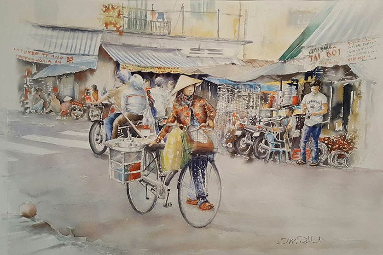 Cảnh bán buôn, xe cộ tấp nập trên đường phố Sài Gòn. Tranh của Jean-marc Potlet in trong Sài Gòn, ruổi rong nỗi nhớ