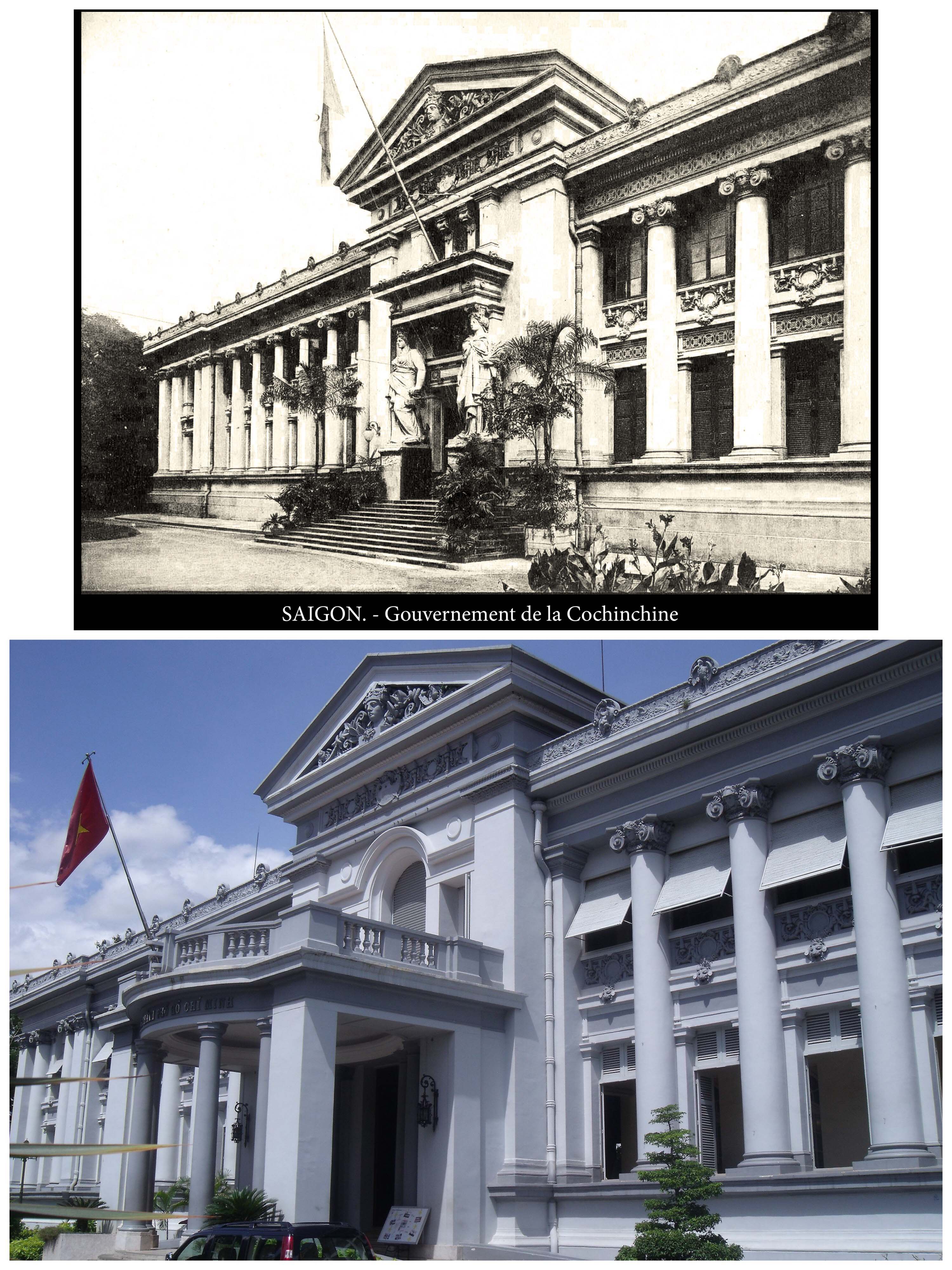 Dinh Thống đốc Nam Kỳ (Dinh Gia Long) thời kì đầu mới xây dựng (Nguồn TTLTQGII) và Bảo tàng TPHCM ngày nay (Ảnh: Nguyễn Nghĩa)