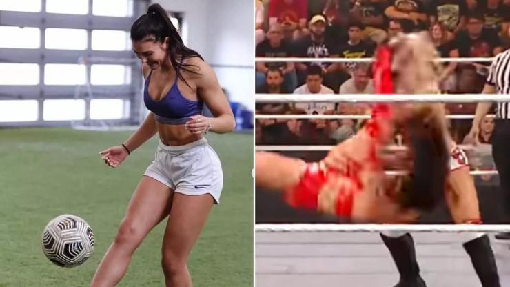Mỹ nhân bóng đá gây sốt WWE: Cú "xe đạp chổng ngược" làm đối thủ nằm sàn - 1