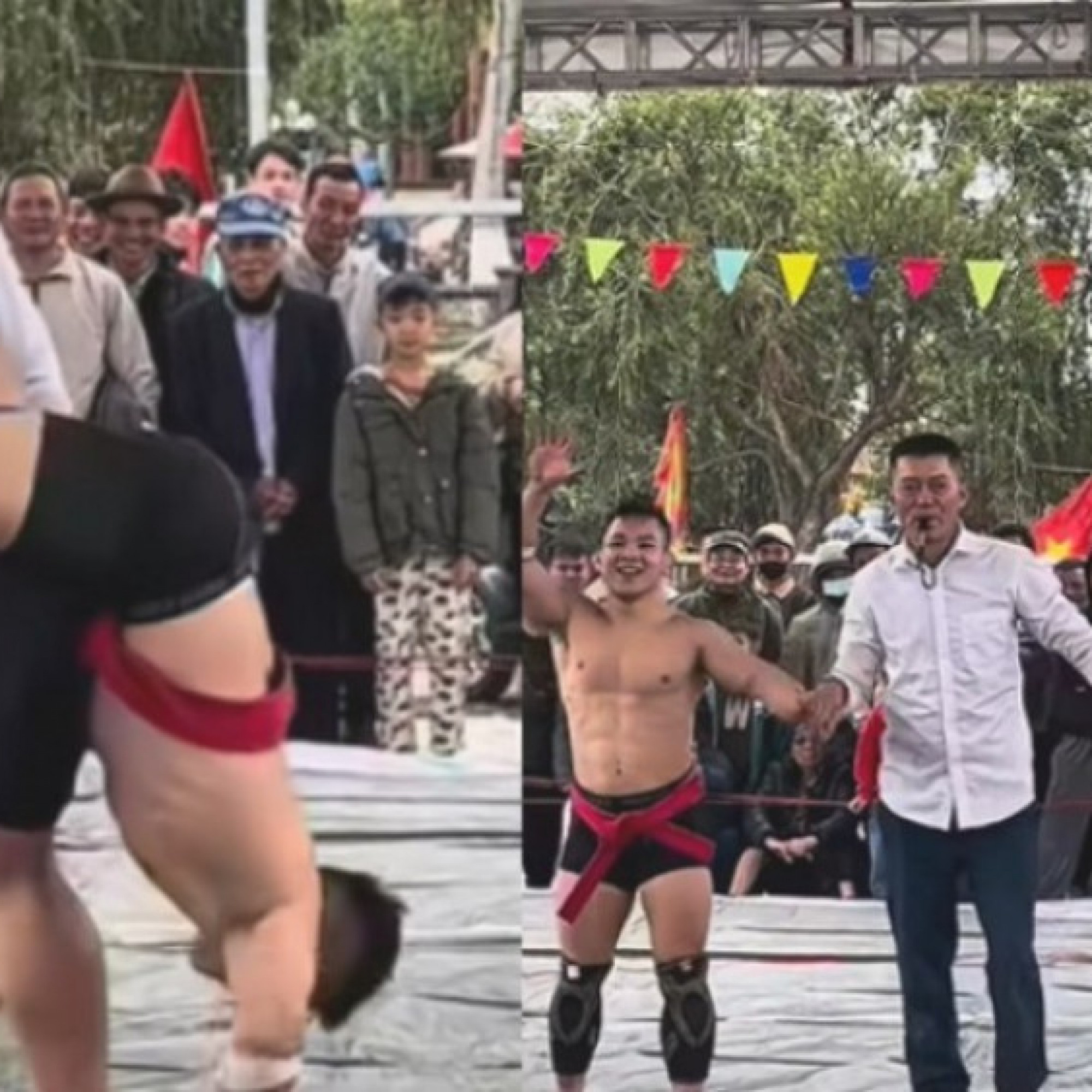 Thể thao - Ngỡ ngàng sới vật hội làng: Đào Hồng Sơn quật ngã Hiếu &quot;Tạ 3&quot; ở WWE phiên bản Việt Nam