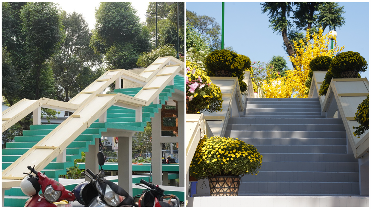 cau thang ho con rua duoc son lai, co them tieu canh hoa mai hoa dao - 3