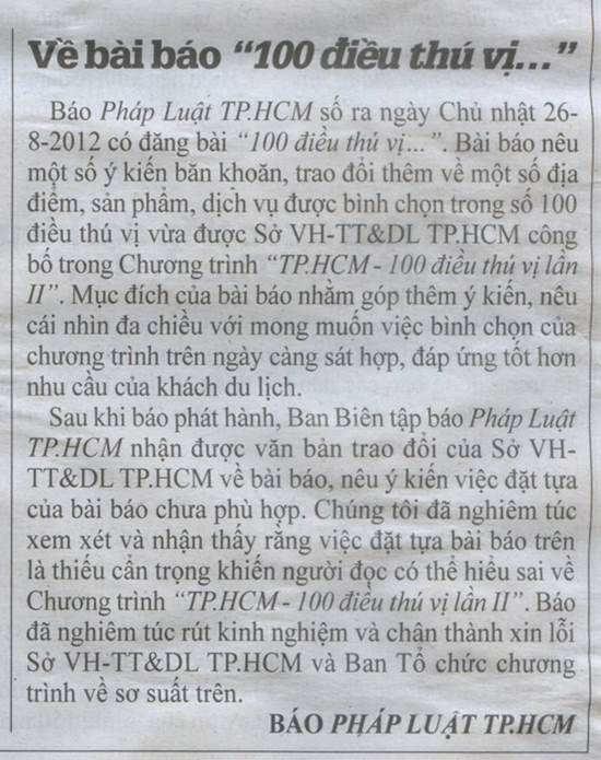 “Thành phố Hồ Chí Minh – 100 Điều thú vị” - Chương trình phát triển Du lịch có ý nghĩa xã hội to lớn; Báo Pháp luật TPHCM nghiêm túc rút kinh nghiệm, chân thành xin lỗi Sở VHTTDL TPHCM và Ban Tổ chức Chương trình &#34;TPHCM – 100 Điều thú vị&#34; - 7