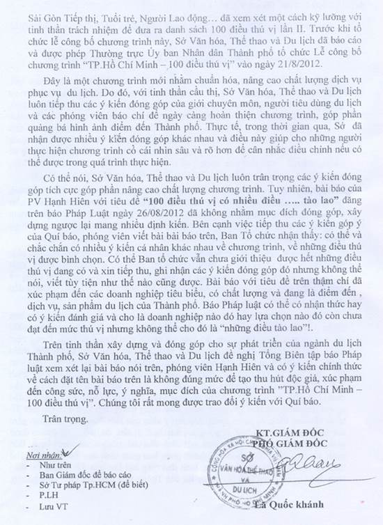 “Thành phố Hồ Chí Minh – 100 Điều thú vị” - Chương trình phát triển Du lịch có ý nghĩa xã hội to lớn; Báo Pháp luật TPHCM nghiêm túc rút kinh nghiệm, chân thành xin lỗi Sở VHTTDL TPHCM và Ban Tổ chức Chương trình &#34;TPHCM – 100 Điều thú vị&#34; - 5