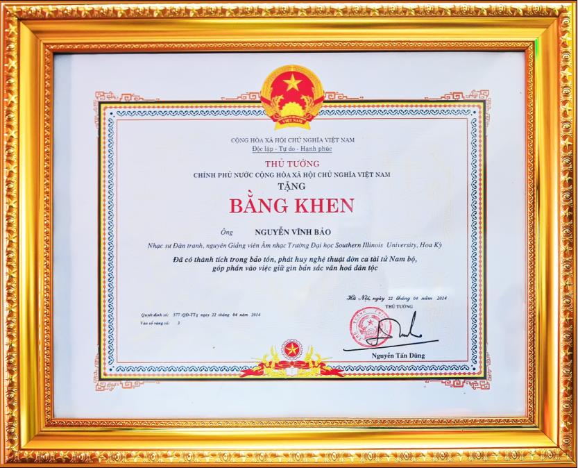 Thủ tướng Nguyễn Tấn Dũng tặng Bằng khen Nhạc sư Nguyễn Vĩnh Bảo - 3