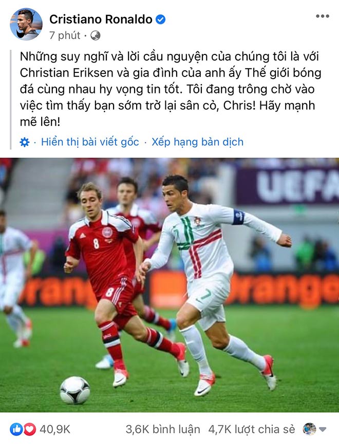 Hay tin Eriksen đột quỵ, Ronaldo lập tức có hành động làm triệu fan cảm phục - 1