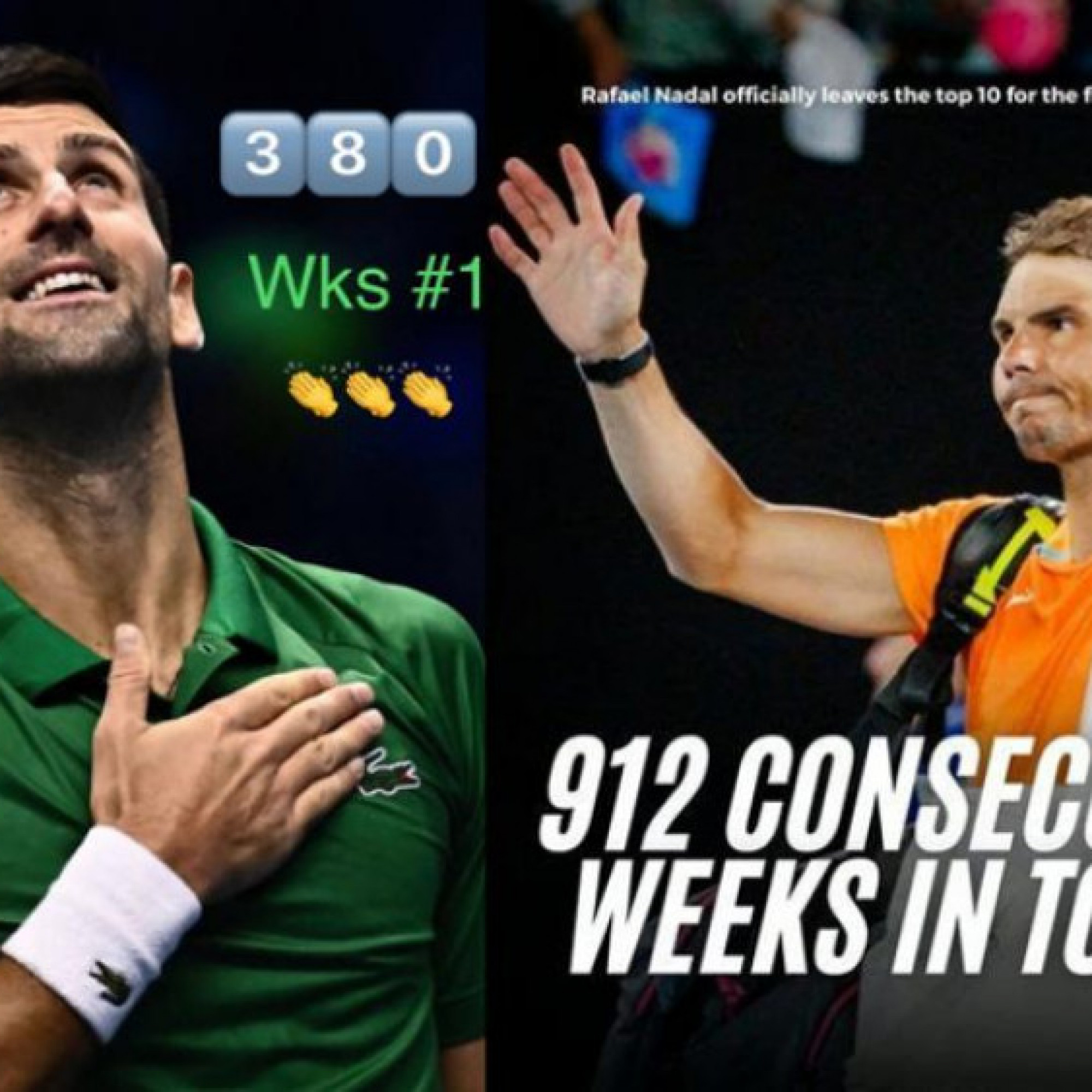  - Fan khen Nadal 912 tuần top 10 "ấn tượng" hơn Djokovic 380 tuần ở ngôi số 1