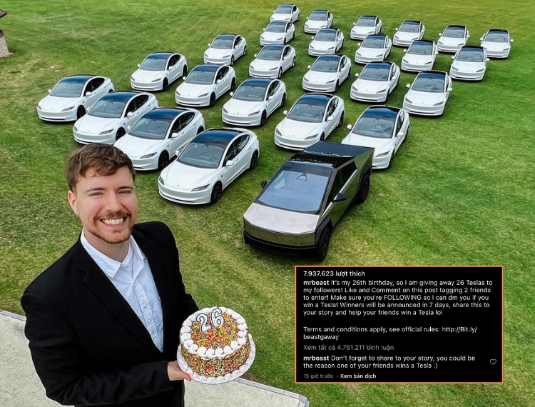 “YouTuber giàu nhất thế giới” MrBeast tặng 26 chiếc Tesla nhân dịp sinh nhật lần thứ 26 - 2