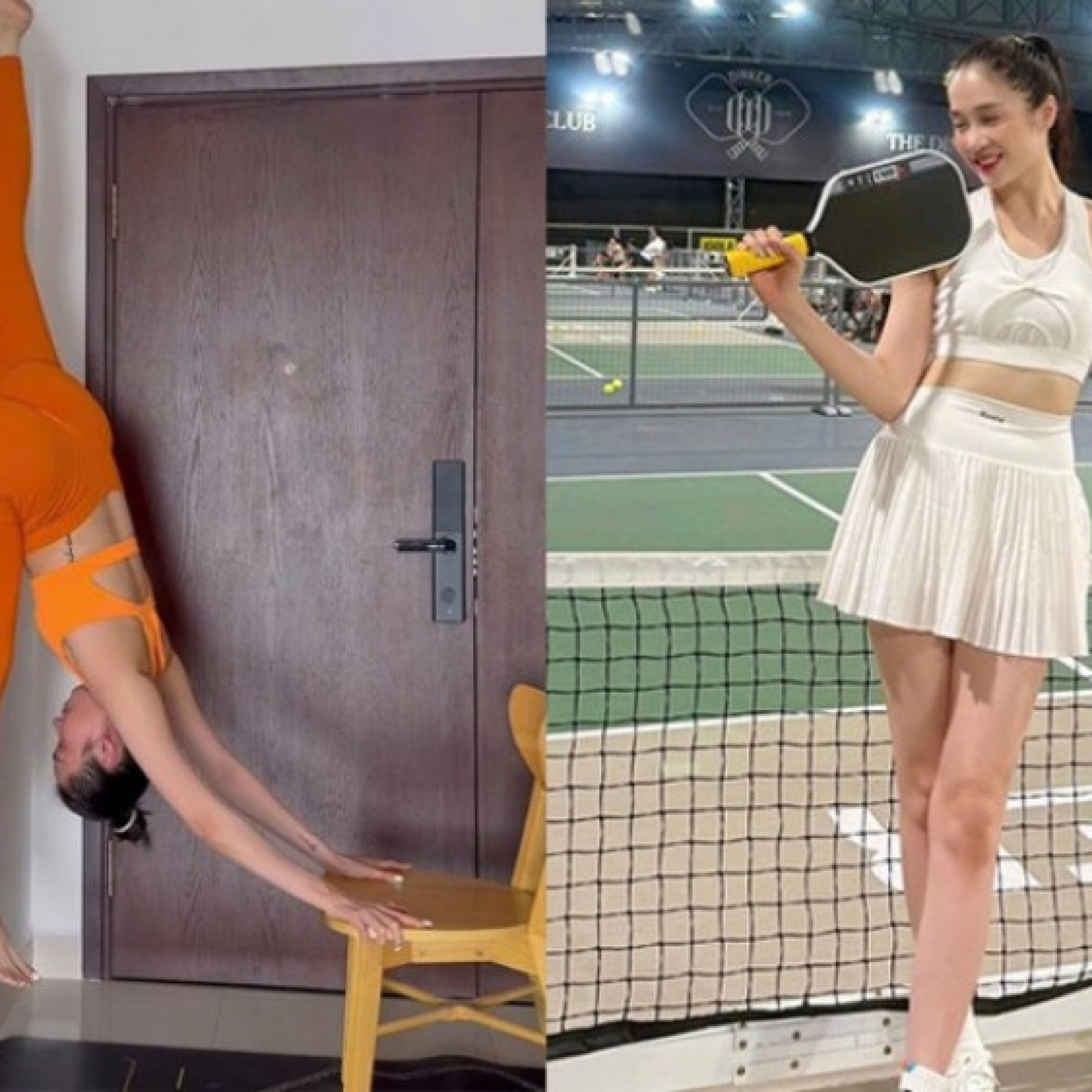  - Siêu mẫu Thu An xoạc chân trên tường gây tranh cãi, tập cả yoga lẫn pickleball