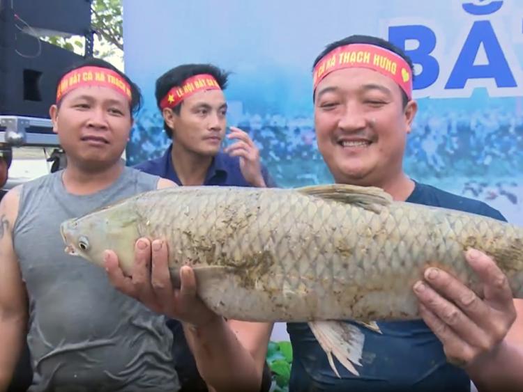 Hàng trăm “nơm thủ” ào ào nhảy xuống hồ bắt cá lớn