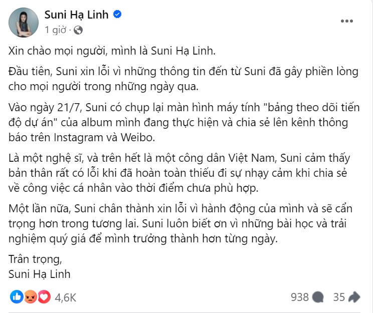 Suni Hạ Linh xin lỗi, thừa nhận có hành động "thiếu nhạy cảm" - 1