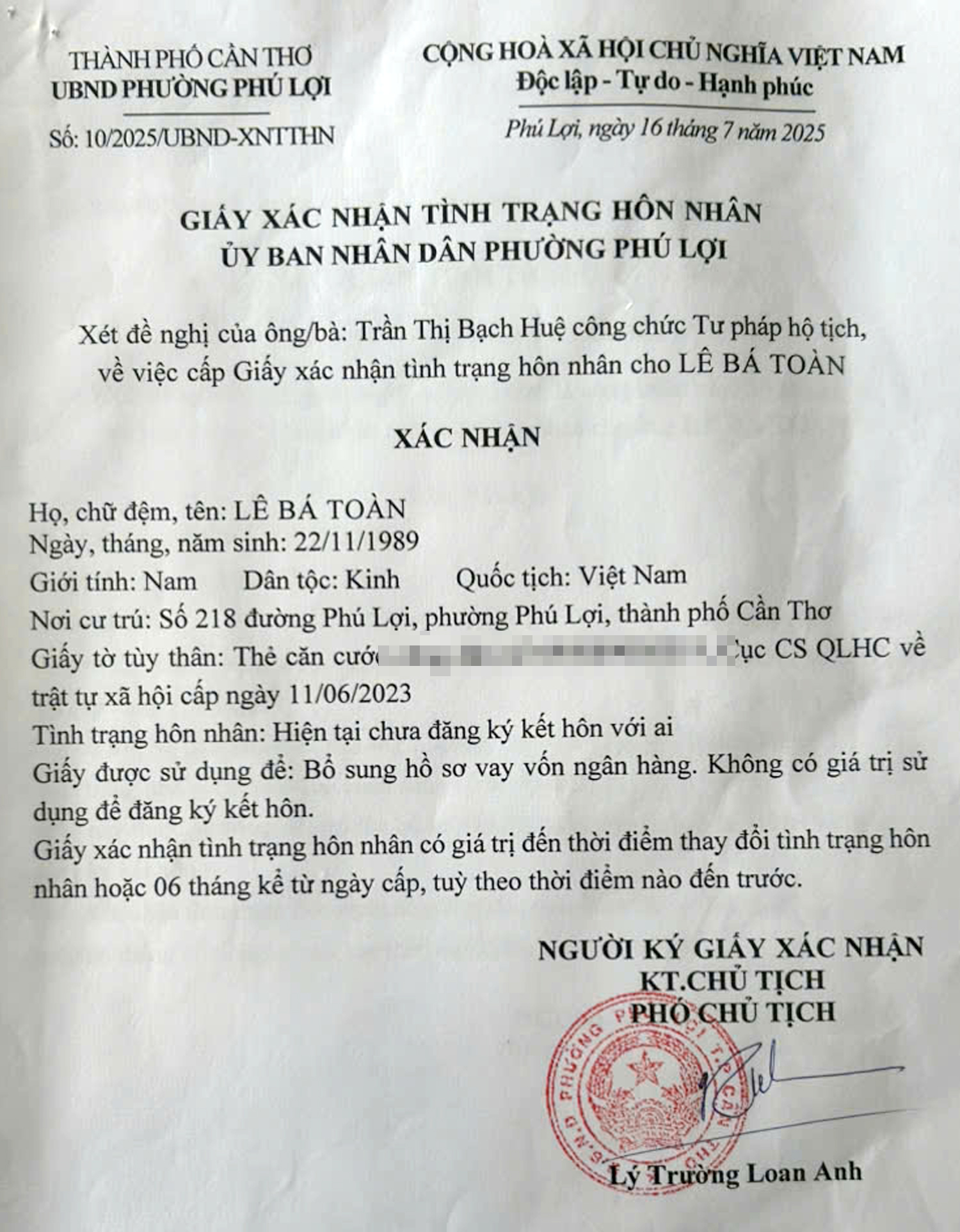 Phường Phú Lợi, Cần Thơ: Hẹn xác nhận độc thân 23 ngày nhưng 6 ngày đã làm xong - 1