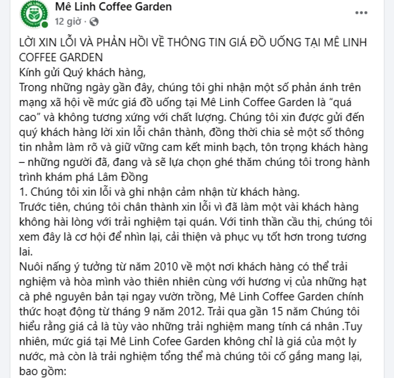 Mê Linh Coffee Garden thông tin vụ du khách phản ánh đồ uống bán giá cao tại quán - 1