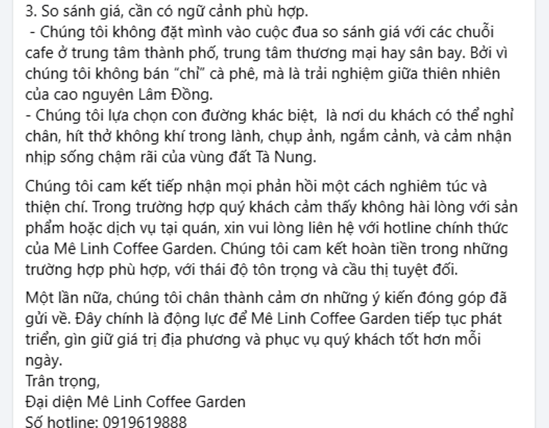 Mê Linh Coffee Garden thông tin vụ du khách phản ánh đồ uống bán giá cao tại quán - 4