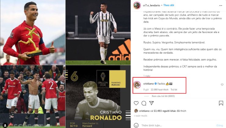 Ronaldo gây sốc mạng xã hội, ngầm tố Quả bóng vàng của Messi là &#34;trò bẩn&#34; - 1
