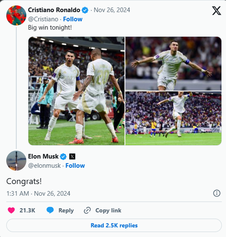 Ronaldo "ghi bàn như máy" được tỷ phú Elon Musk chúc mừng, phá kỷ lục Messi - 2