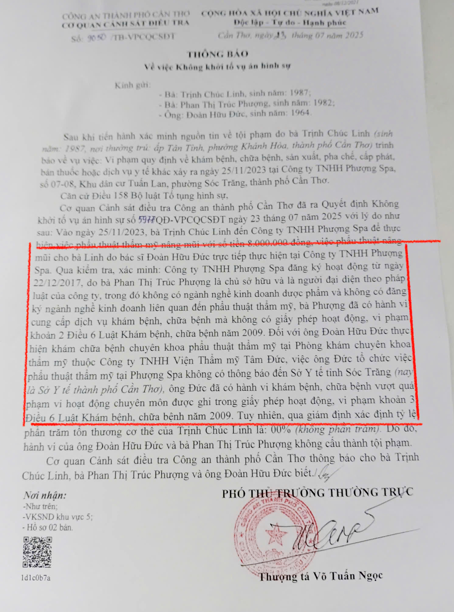 Công an Cần Thơ nói về vụ nâng mũi không phép tại Phượng Spa ở phường Sóc Trăng - 2