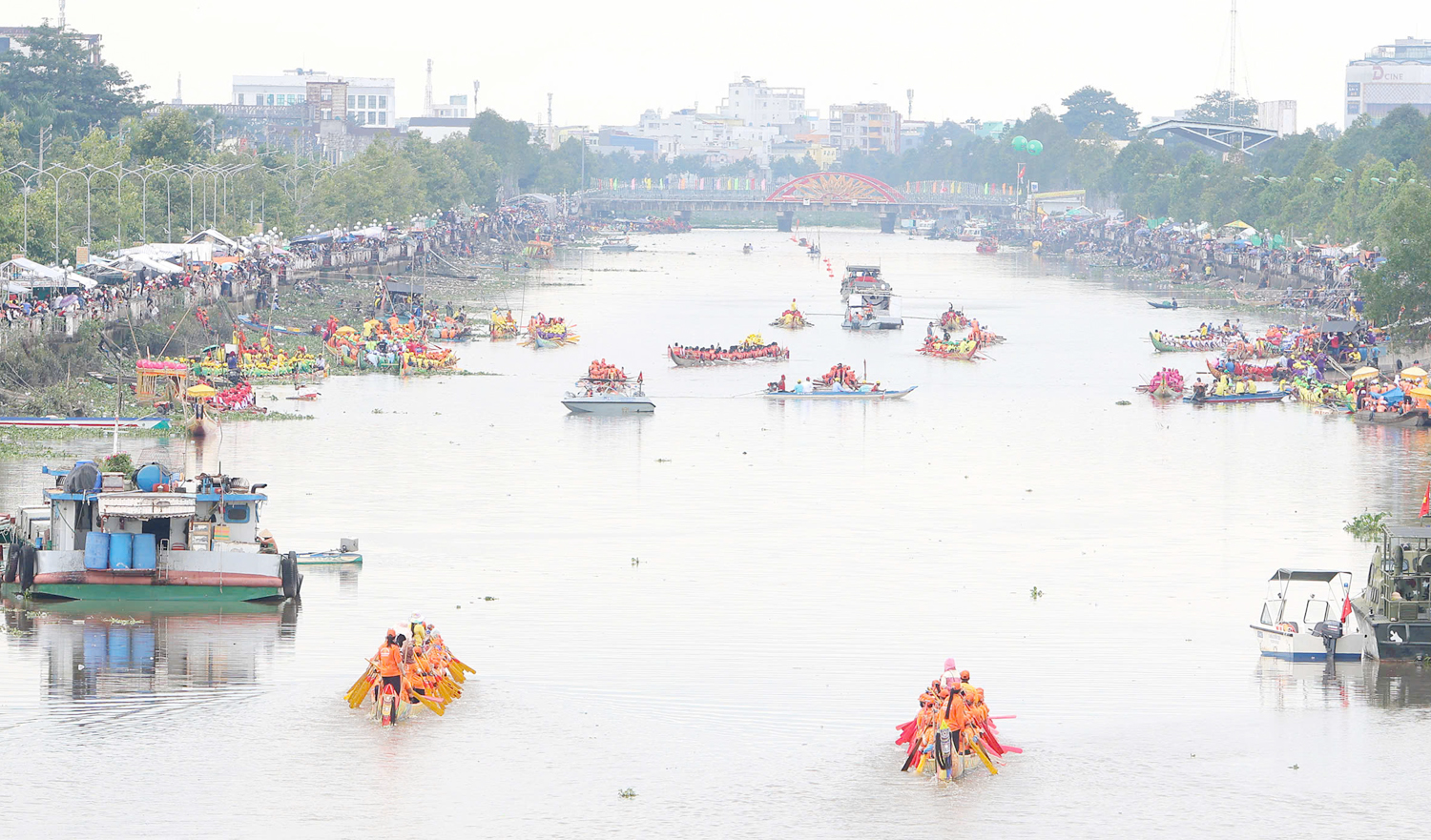 Người dân trèo cây, lội sông xem đua ghe Ngo - 1